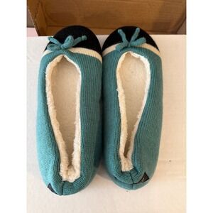 Life is Good Womens Knit Slipper Socks Teal Blue Faux Fur Lined Non-Slip Gripper